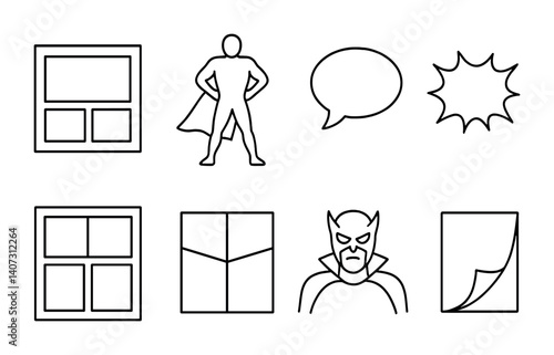 outline vector icons of book types: hardcover book, paperback, e-book, audiobook, comic book, notebook, journal, photo book. No text. The icons should be clean. isolated transparent background. Line