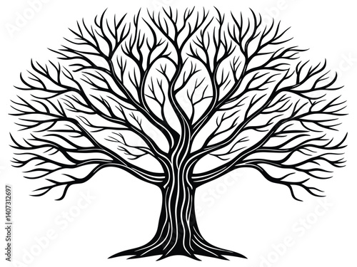 Vector tree silhouette with roots shows the life of a plant with its trunk, branches, and leaves connected to the earth