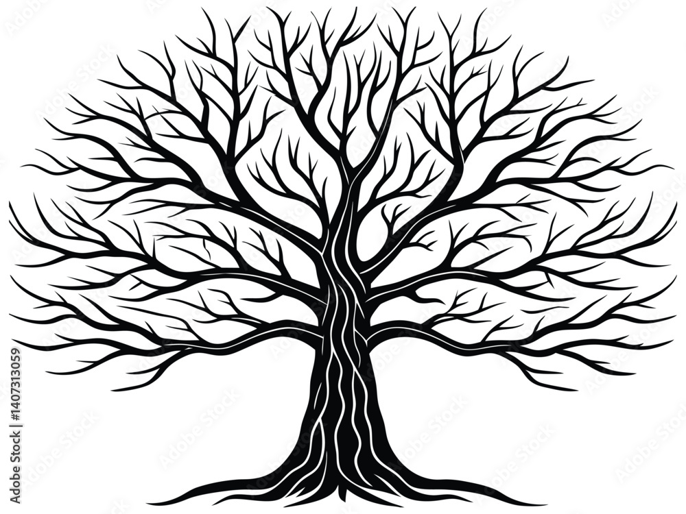 Obraz premium Black silhouette vector art of a tree with its detailed root system, an illustration representing nature's life