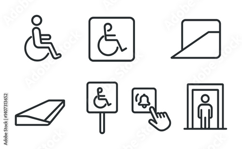 outline vector icons of handicap parking: wheelchair icon, blue zone, accessible ramp, wide space, curb cut, access sign, assist call button, near entrance. No text. The icons should be clean.