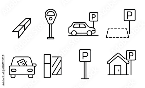 outline vector icons of street parking: curb, meter post, parallel park icon, parking zone, ticket on windshield, painted curb, street signage, residential spot. No text. The icons should be clean.