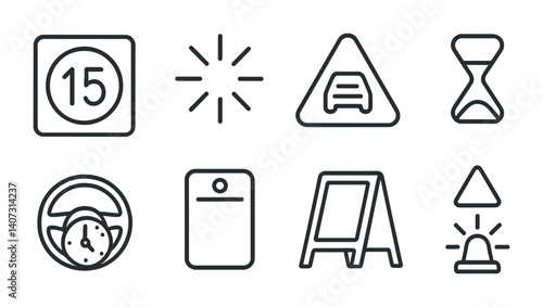 outline vector icons of temporary parking: 15 min sign, loading , hazard lights on, short-term icon, time wheel, temporary permit, curb stand, flashers icon. No text. The icons should be clean.