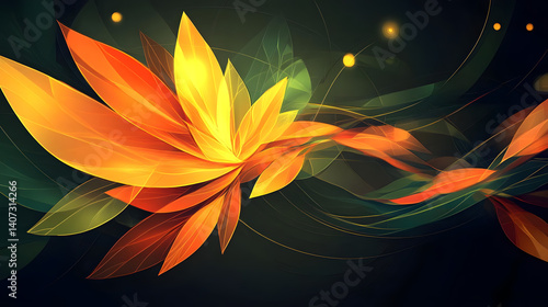 Abstract Flower: Orange, Yellow, Green