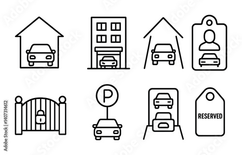 outline vector icons of street parking: curb, meter post, parallel park icon, parking zone, ticket on windshield, painted curb, street signage, residential spot. No text. The icons should be clean.