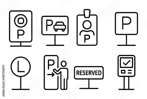 outline vector icons of corporate parking: company logo spot, executive space, employee permit, numbered sign, level badge, visitor guide, reserved plate, check-in panel. No text. The icons should be