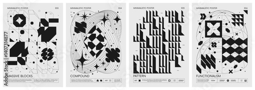 Brutalism style vector minimalistic Posters with silhouette postmodern figures, Futuristic abstract graphic wireframe elements of geometric shapes rave composition, Trendy modern print artwork set 84