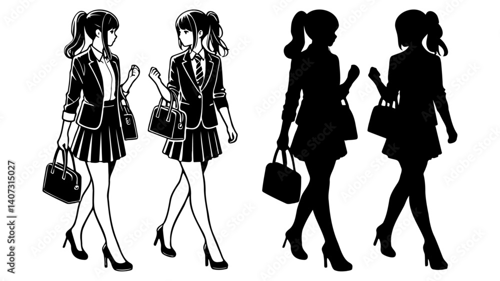 Business Women Walking and Talking Illustration and Silhouette. Business Women Walking and Talking Illustration and Silhouette.