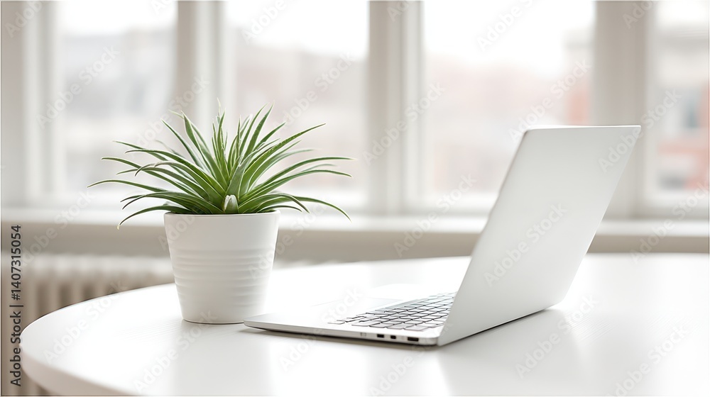 A sleek laptop sits on a modern table next to a vibrant potted plant. The bright window light enhances the workspace ambiance, creating a perfect blend of technology and nature. A sleek laptop sits on a modern table next to a vibrant potted plant. The bright window light enhances the workspace ambiance, creating a perfect blend of technology and nature.