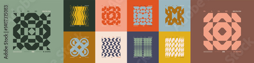 Kit of Postmodern geometric compositions with abstract shapes in brutalism aesthetics, mosaic of brutal figures, trendy color retro futuristic elements, vector modernist ornament, cards art 10