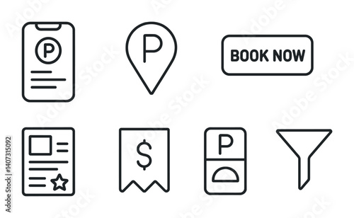 outline vector icons of smart parking systems: app control, QR code, real-time slot info, license plate scanner, auto gate, camera recognition, parking sensor, mobile ticket. No text. The icons