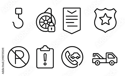 outline vector icons of towing and enforcement: tow truck hook, clamp icon, fine ticket, enforcement badge, red zone, reporting icon, towing hotline, blocked vehicle. No text. The icons should be