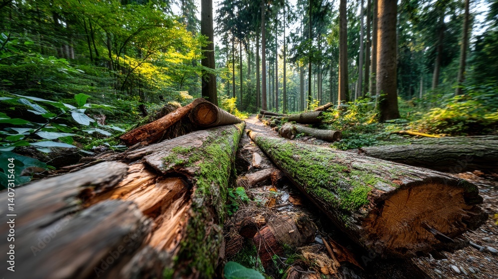 Fototapeta premium Lush Green Forest Path with Sunlit Trees Enchanted Woods Nature Photography Tranquil Atmosphere Low Angle Exploration