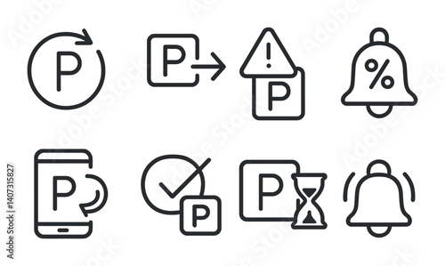 outline vector icons of smart parking systems: app control, QR code, real-time slot info, license plate scanner, auto gate, camera recognition, parking sensor, mobile ticket. No text. The icons