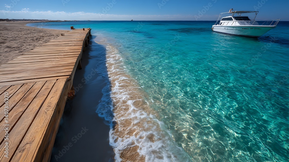 Naklejka premium クリスタルブルーの海に浮かぶ桟橋とボート