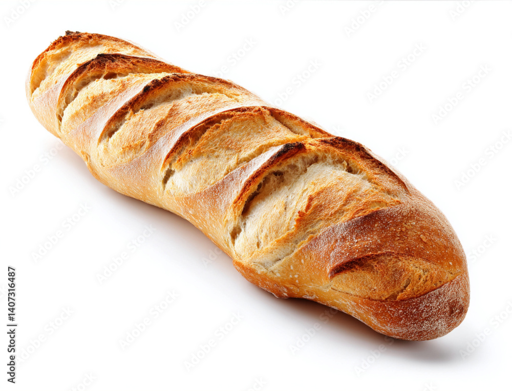A single french loaf baguette bread food bag isolated on white background A single french loaf baguette bread food bag isolated on white background