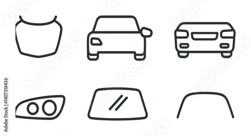 outline vector icons of car exterior: hood, trunk, side mirror, bumper, headlights, taillights, windshield, roof. No text. The icons should be clean. isolated transparent background. Line icons in