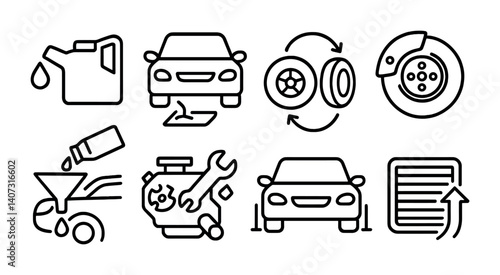 outline vector icons of car maintenance: oil change, tire rotation, brake check, fluid refill, engine tune-up, battery check, alignment, air filter replace. No text. The icons should be clean.
