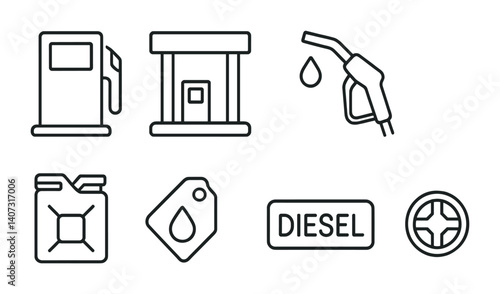 outline vector icons of car dashboard indicators: check engine light, oil pressure, battery warning, ABS light, seatbelt alert, tire pressure, fuel warning, high beam. No text. The icons should be