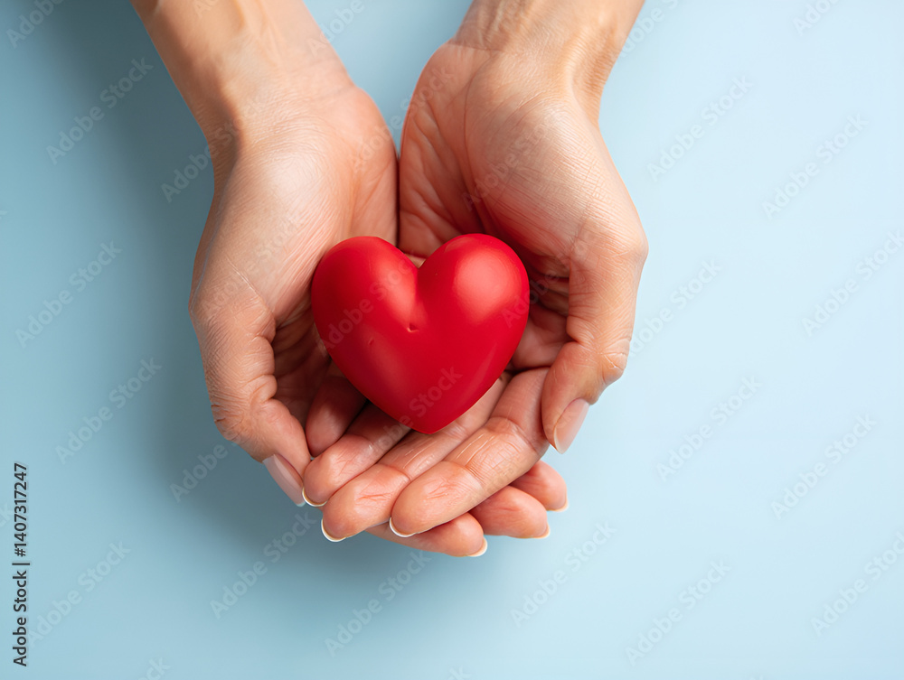 overhead perspective showing a pair of feminine hands holding a vibrant red heart, positioned in the top left corner against a pastel blue background, soft lighting and shadows, warm tone promoting overhead perspective showing a pair of feminine hands holding a vibrant red heart, positioned in the top left corner against a pastel blue background, soft lighting and shadows, warm tone promoting