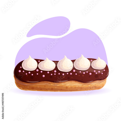 Delicious chocolate eclair with custard on a purple background close-up. The concept of confectionery, baking, cooking. Isolated vector illustration for menu design, posters, banners, covers