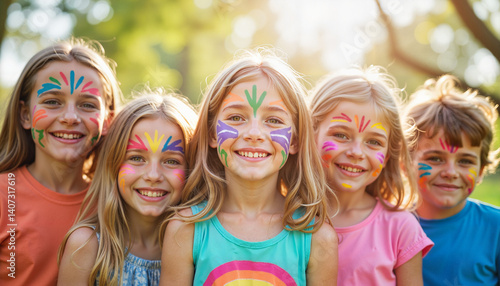 Fototapeta Naklejka Na Ścianę i Meble -  Children smiling with face paint in a sunny outdoor park  