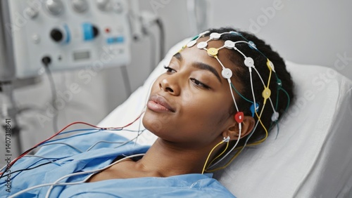 A woman participates in a sleep study, wearing headbands and electrodes that monitor her brain activity.