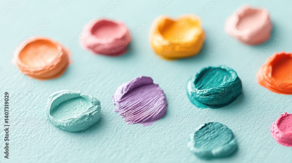 A vibrant display of acrylic paint blobs in various pastel colors arranged on a soft blue background, perfect for creative projects and artistic inspiration. A vibrant display of acrylic paint blobs in various pastel colors arranged on a soft blue background, perfect for creative projects and artistic inspiration.
