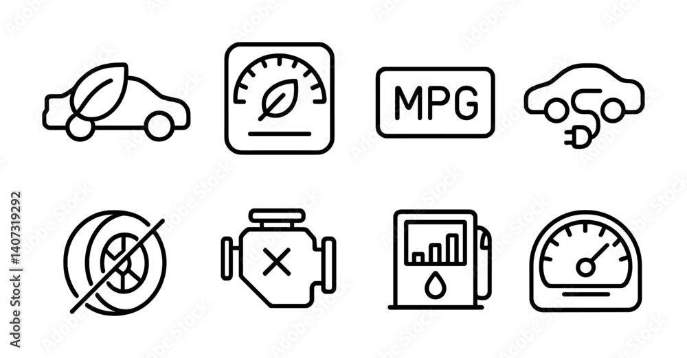 outline vector icons of fuel efficiency: eco drive icon, leaf on dashboard, MPG counter, hybrid mode, low resistance tires, efficient engine, fuel stat, trip average. No text. The icons should be outline vector icons of fuel efficiency: eco drive icon, leaf on dashboard, MPG counter, hybrid mode, low resistance tires, efficient engine, fuel stat, trip average. No text. The icons should be