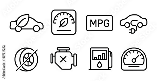 outline vector icons of fuel efficiency: eco drive icon, leaf on dashboard, MPG counter, hybrid mode, low resistance tires, efficient engine, fuel stat, trip average. No text. The icons should be