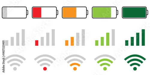 Battery, WiFi, and mobile network icons in a clean, minimal style. Ideal for apps, UI/UX, and digital interfaces. Battery icon set,
 wifi icons set. Network of vector illustration.
