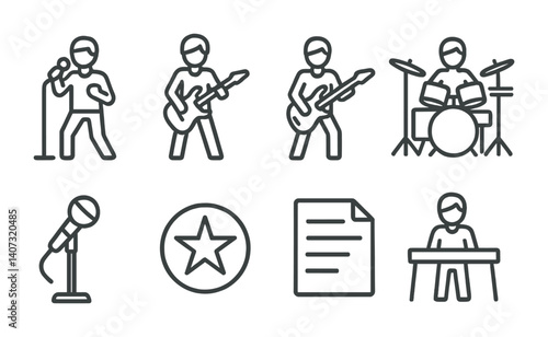 outline vector icons of band elements: lead singer, guitarist, bassist, drummer, keyboardist, stage mic, band logo, setlist. No text. The icons should be clean. isolated transparent background. Line