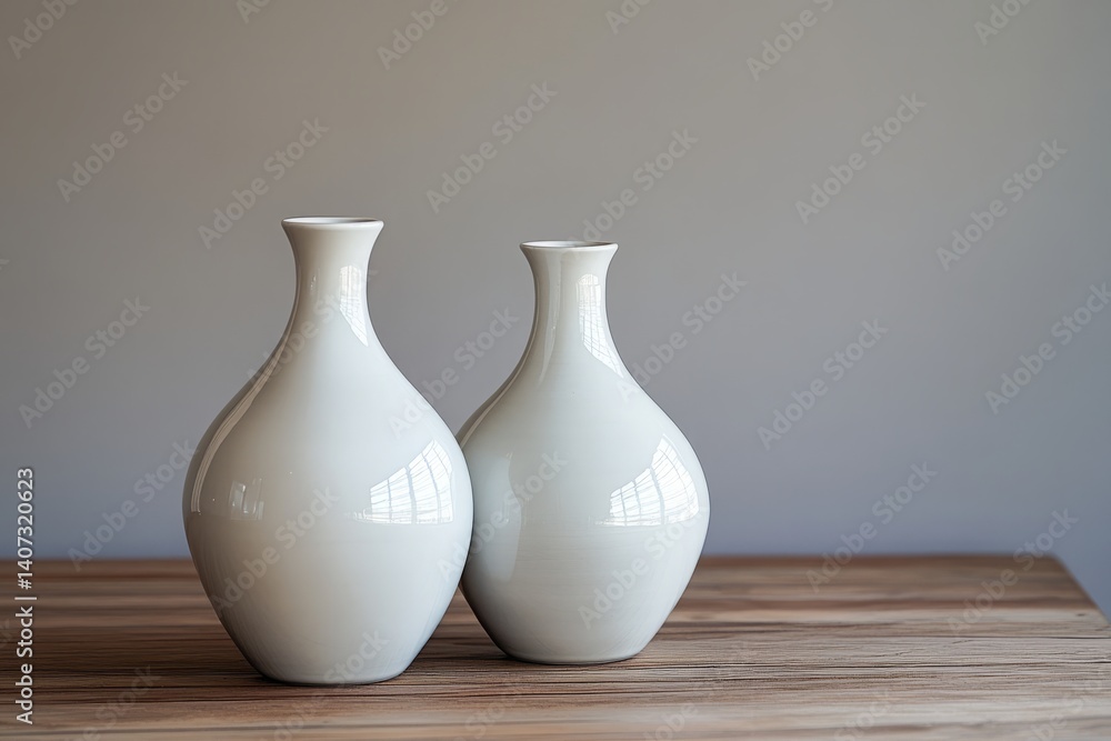 Elegant White Vases Displayed on a Wooden Surface with Soft Lighting Elegant White Vases Displayed on a Wooden Surface with Soft Lighting