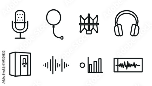 outline vector icons of vocal recording: condenser mic, pop filter, shock mount, headphones, vocal booth, waveform icon, recording level, vocal track. No text. The icons should be clean. isolated