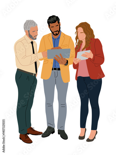 Business team members, men, woman standing together looking to digital tablet, talking, discussing work problems. Colorful flat hand drawn vector illustration isolated on transparent background