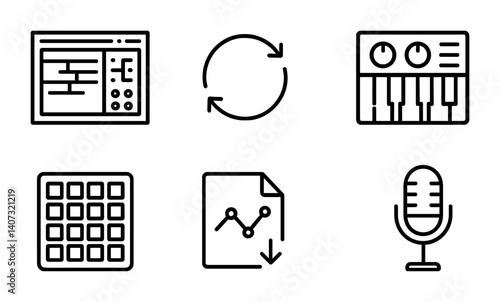 outline vector icons of music production: DAW screen, loop icon, VST plugin, MIDI controller, sampler pad, track automation, export file, recording mic. No text. The icons should be clean. isolated