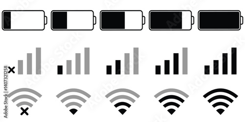 Battery, WiFi, and mobile network icons in a clean, minimal style. Ideal for apps, UI/UX, and digital interfaces. Battery icon set,
 wifi icons set. Network of vector illustration.