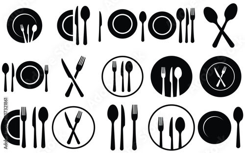 place setting cutlery knife, spoon and plate set icons of vector  illustration