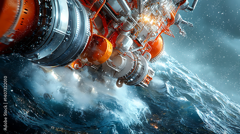 Rocket launching into turbulent ocean waves space exploration digital art dramatic environment close-up view innovation theme Rocket launching into turbulent ocean waves space exploration digital art dramatic environment close-up view innovation theme