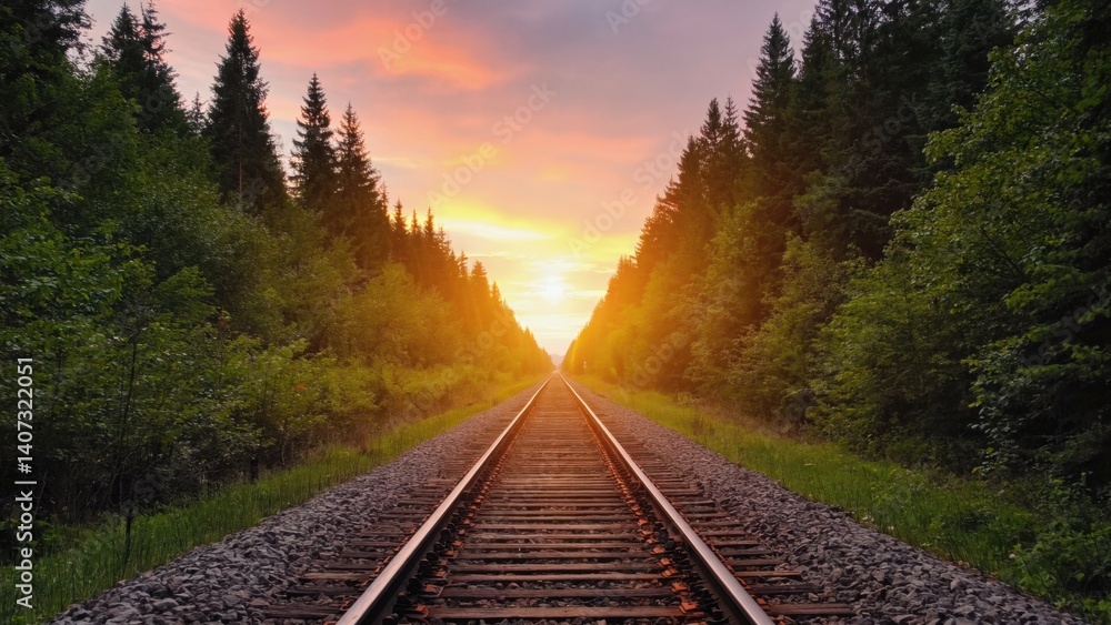Fototapeta premium Landscape scene with railroad tracks leading towards sunset behind pine trees on hill.