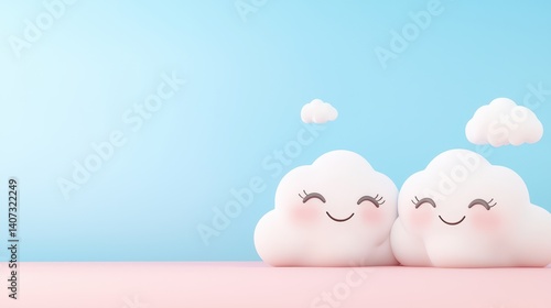 A whimsical scene featuring charming, smiling clouds against a soft blue backdrop, evoking a sense of joy and tranquility