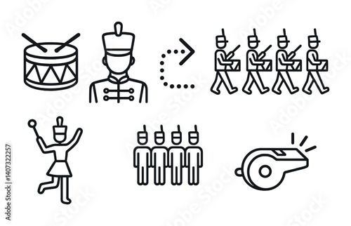 outline vector icons of marching band: marching drum, uniform icon, parade path, drumline, baton twirl, formation lines, marching shoes, music whistle. No text. The icons should be clean. isolated