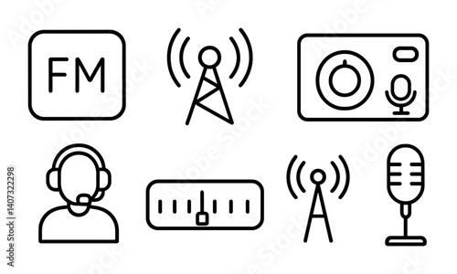 outline vector icons of radio and broadcasting: FM icon, radio tower, tuning knob, live broadcast, radio host, frequency band, antenna icon, talk show mic. No text. The icons should be clean.