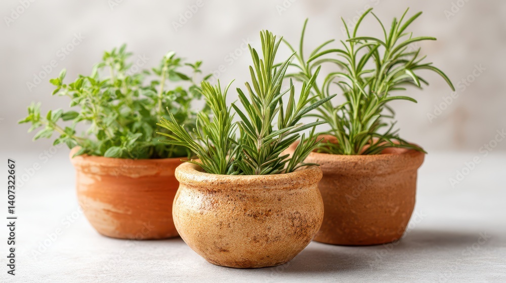Aesthetic display of three small potted herbs, featuring vibrant green leaves. Perfect for adding a touch of nature to any kitchen or garden setting. Aesthetic display of three small potted herbs, featuring vibrant green leaves. Perfect for adding a touch of nature to any kitchen or garden setting.