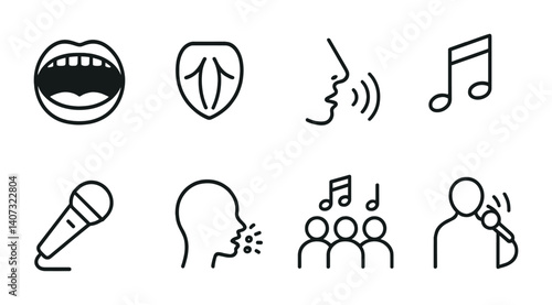 outline vector icons of love expressions: heart speech bubble, love shout, singing heart, whisper heart, heart language, love note, exclamation heart, confession heart. No text. The icons should be