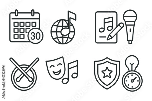 outline vector icons of music challenges: 30-day challenge, new genre icon, songwriting prompt, record every day, beat battle, improv prompt, challenge badge, creative timer. No text. The icons
