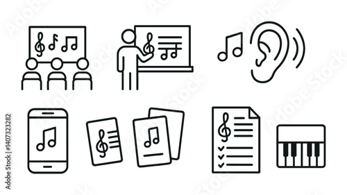 outline vector icons of music in education: music classroom, teacher and board, ear training tool, learning app, note flashcards, music test, notation exercise, class piano. No text. The icons should