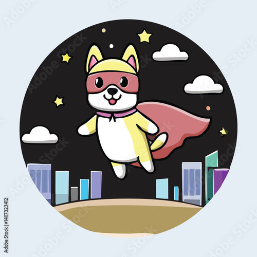 Cartoon Superhero Dog Flying Over City, Red Cape, Mask, Happy Expression