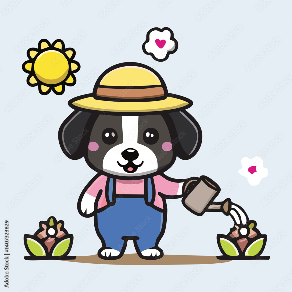 Naklejka premium Gardener Cartoon Puppy Watering Flowers, Wearing Straw Hat, Spring Background