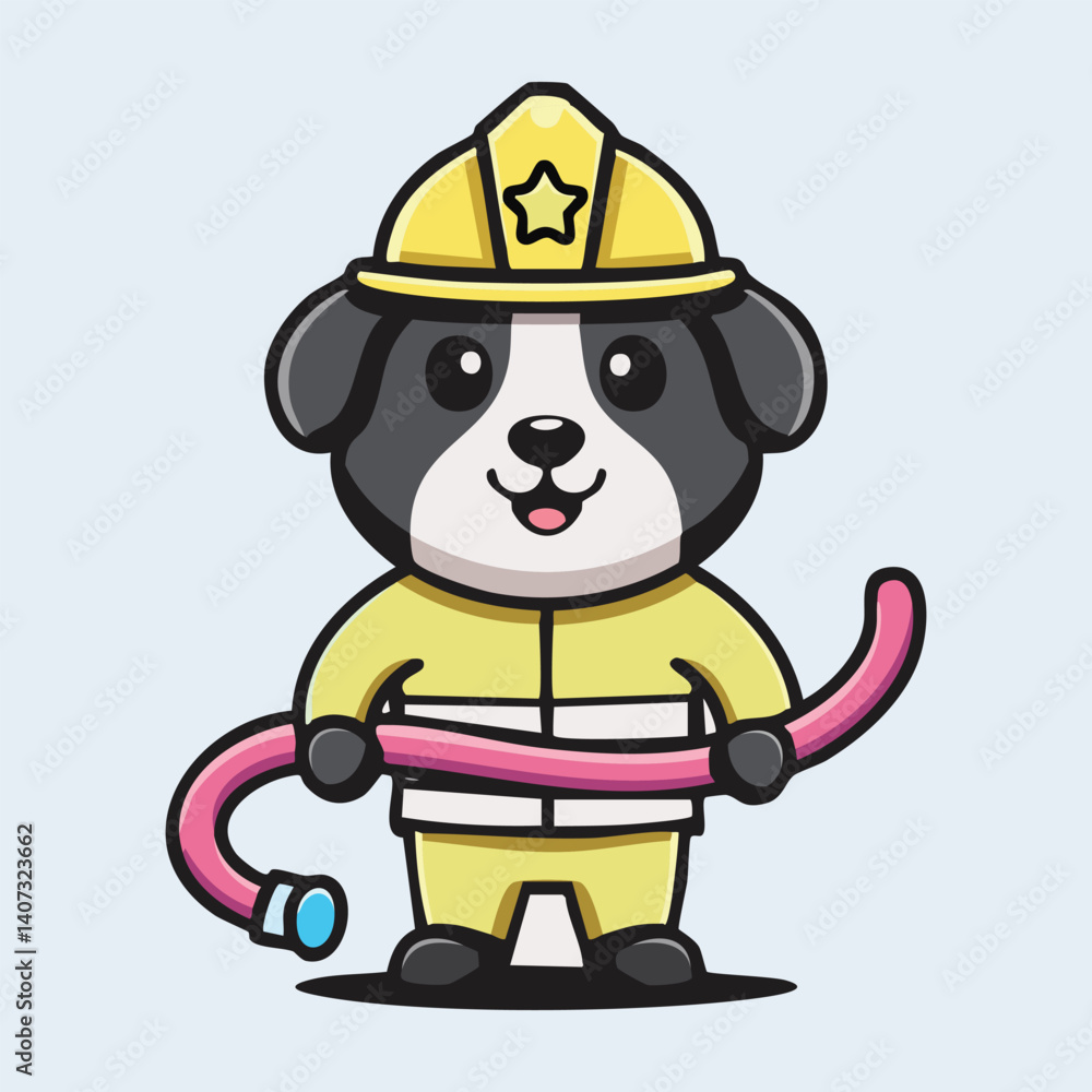 Fototapeta premium Cartoon Firefighter Dog Holding Hose, Smiling with Helmet, Action Pose