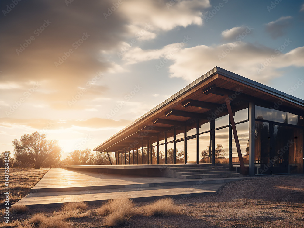 Obraz premium Passive solar building with sunlight and thermal mass working together for energy saving